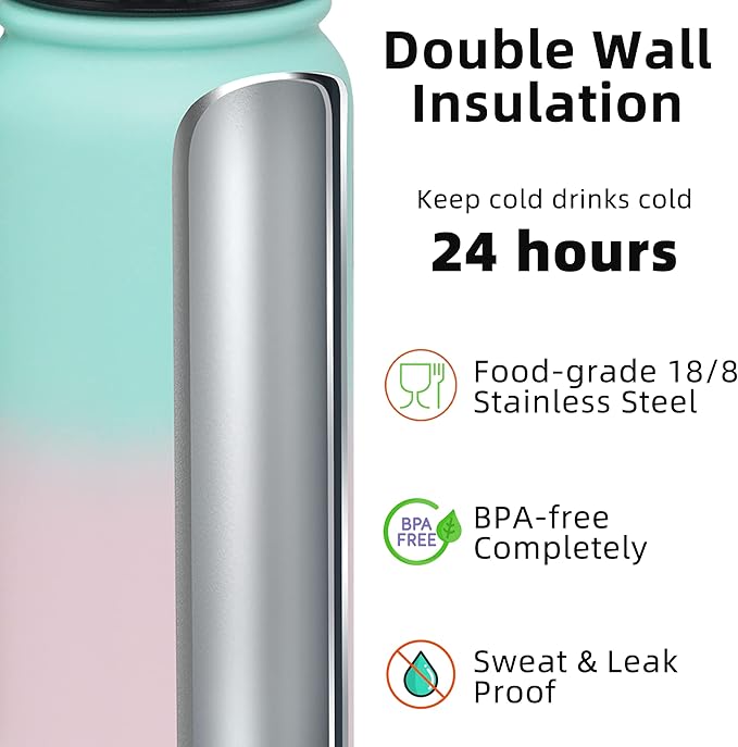 Fanhaw 20 Oz Stainless Steel Insulated Sports Water Bottles with Straw for Kids, Men and Women (Green Pink)