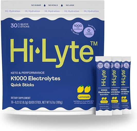 Hi-Lyte K1000 Electrolytes Sticks Lemonade Keto & Performance, 30 Servings - 1000mg Potassium + Magnesium, Sodium, Trace Minerals - 0 Carbs, 0 Sugar