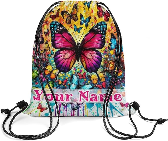Custom Butterfly Drawstring Backpack - Cute Cinch Sack, String Backpacks for Kids Boys Girls Women Men for Gym Outdoor Sports Travel Athletic Drawstring Bag - Lightweight/Foldable