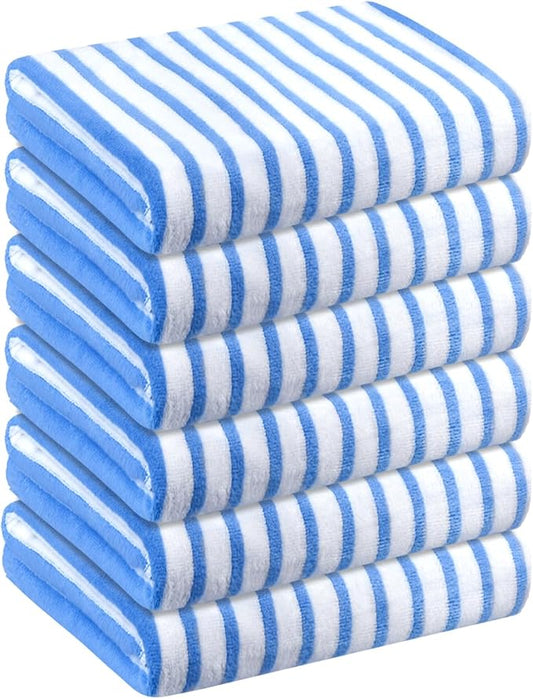JML Beach Towels, Microfiber Bath Towel Set, 6 Pack, 30" x 60", Cabana Stripe, Absorbent, Quick Dry for Adults, Travel, Summer, Sport, Swimming, Pool, Yoga, Camping, Stripe Blue and White