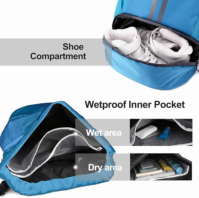 Hoedia Sports Drawstring Backpack - String Swim Gym Bag with Shoes Compartment and Wet Proof Pocket for Women/Men (Sky Blue)