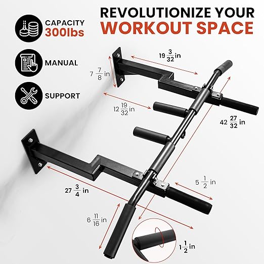 Yes4All Multi-Grip Wall Mount Pull-Up Bar, 16 Inches & 24 Inches Reversible Stud and Wall Compatibility Mounted Pull Up Bar Design, Solid Construction Strength Training