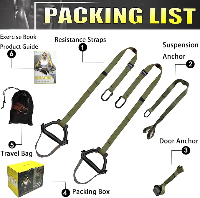 Bodyweight Resistance Training Straps, Complete Home Gym Fitness Trainer kit for Full-Body Workout, Included Door Anchor, Extension Strap, Fitness Guide