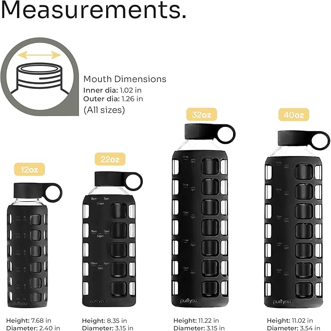 purifyou 40oz / 32oz / 22oz / 12oz Borosilicate Glass Water Bottle with Time & Volume Markers, Silicone Sleeve, Stainless Steel Lid | Reusable Glass Bottle for Water & Juice (22oz Jet Black)