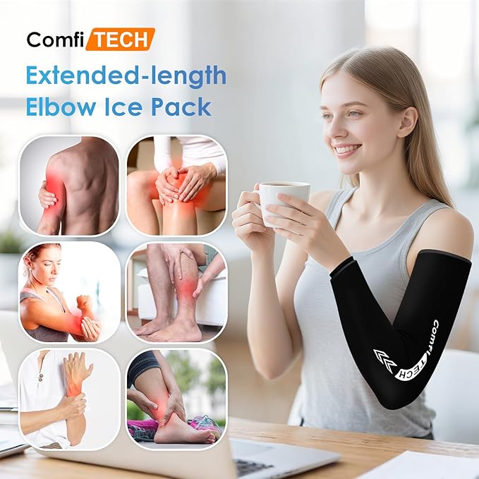 ComfiTECH 2 Pack Full Arm Cold Wrap with Flexible Gel, Reusable Cooling Ice Pack for Elbow, Forearm, and Upper Arm, Large, Black