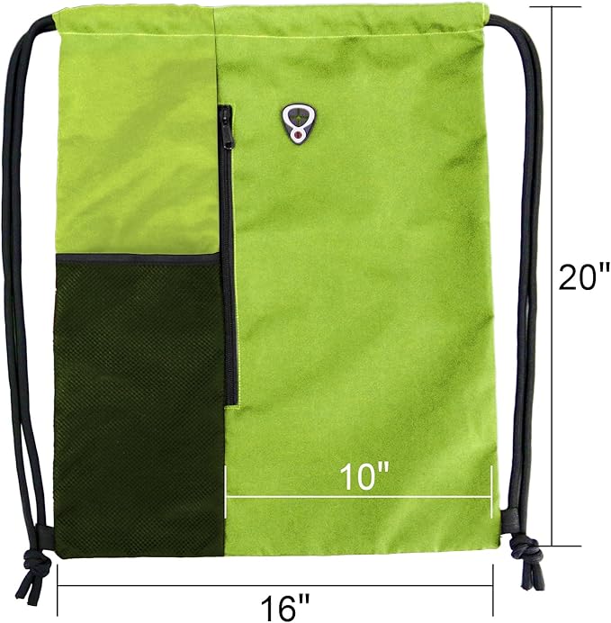 BeeGreen Lime Drawstring Backpack Gym Bag For Men & Women – Sports Sackpack with Mesh Water Bottle Holder & 2 Zippered Pockets – Large 16x20 Inch Cinch String Backpack Workout Bag for Running, Travel