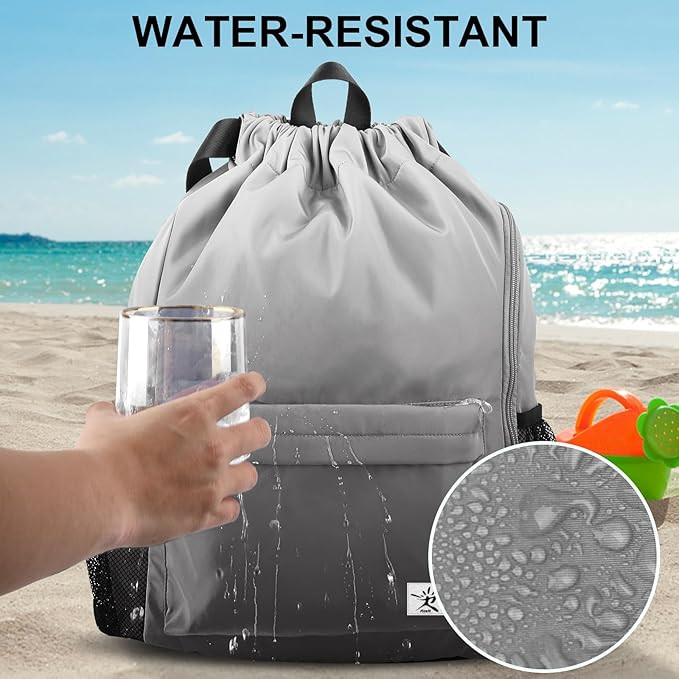 Drawstring Backpack with Mesh Pockets String Gym Bag Sackpack Sandproof Water Resistant Beach Backpack for Men Women