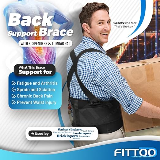FITTOO Back Brace with Removable Suspenders & Lumbar Pad for Back Pain Relief, Heavy Lifting Support, Moving and Warehouse Jobs, Lower Back Pain Protection Belt for Men & Women in Construction