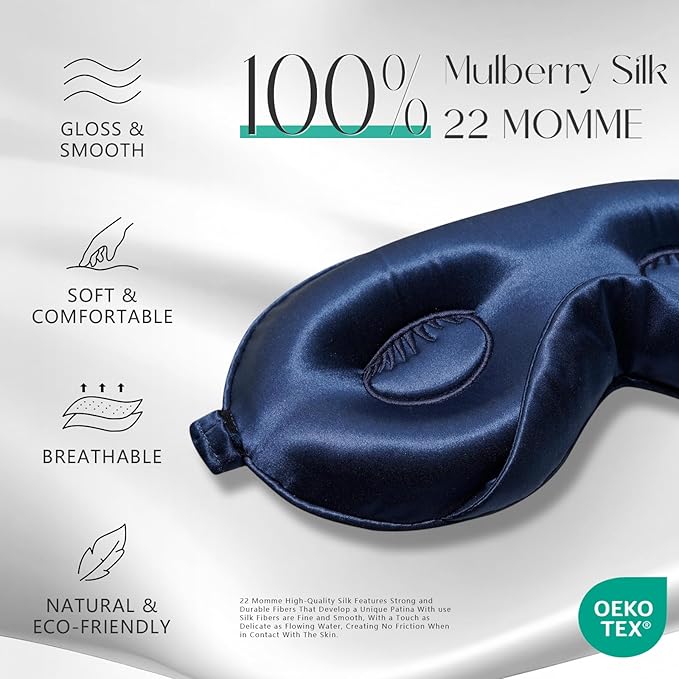ZIMASILK Adjustable 22 Momme 100% Mulberry Silk Sleep Mask, Upgraded 3D Contoured Cup Eye Mask for Sleeping, Super Soft & Breathable Blindfold, Blackout for Deep Sleeping (Navy Blue)