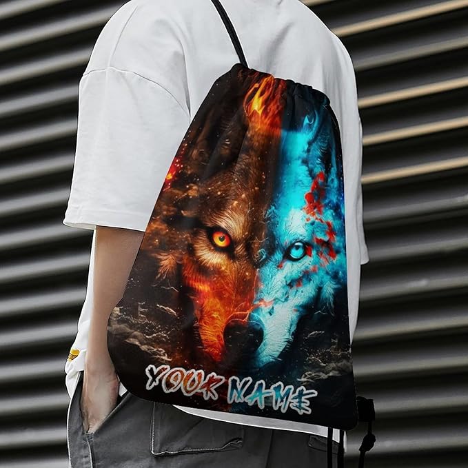Custom Wolf Drawstring Backpack - Cute Cinch Sack, String Backpacks for Women Men Kids Boys Girls for Gym Outdoor Sports Travel Athletic Drawstring Bag - Lightweight/Foldable