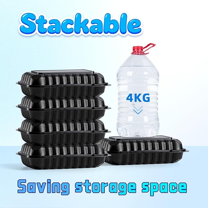 YANGRUI Takeout Containers 9x6 28 oz 50 Pack - Shrink Wrapped Mineral-Filled BPA Free PP Plastic | Reusable Heavy Duty Microwave & Freezer Safe | Restaurant Grade Black Clamshell Food Container