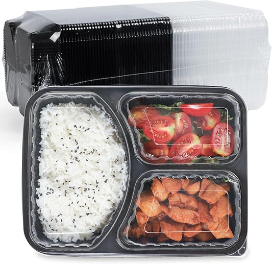 FRESHPAK Food Containers Reusable 40 Pack 38oz - Shrink Wrap Leakproof | Portion Control Leftover Plastic Container with Lid | BPA Free Freezer & Microwave Safe Meal Prep | 3 Compartment Takeout Boxes
