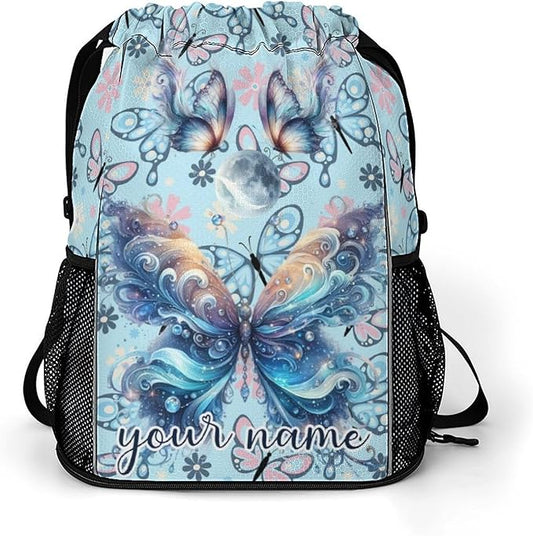 Custom Butterfly Drawstring Backpack - Cute Cinch Sack, String Backpacks with Pocket for Kids Boys Girls Women Men for Gym Outdoor Sports Travel Athletic Drawstring Bag - Lightweight/Foldable