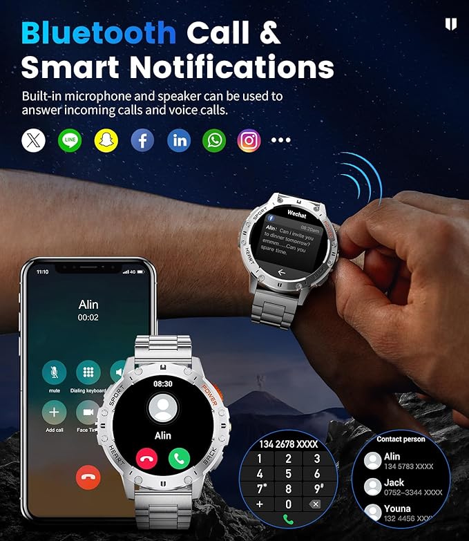 Smart Watches for Men for Android/iPhone,1.43’’ AMOLED Display Sport Watch with 123 Sport Modes/FlashLight,5ATM Waterproof Fitness Tracker with Blood Pressure/Heart Rate/Sleep Monitor,Silver Silicone