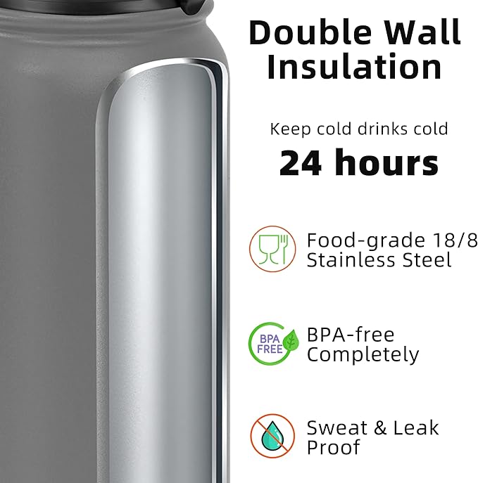 Fanhaw 40 Oz Stainless Steel Insulated Sports Water Bottles with Straw for Kids, Men and Women (Gray)