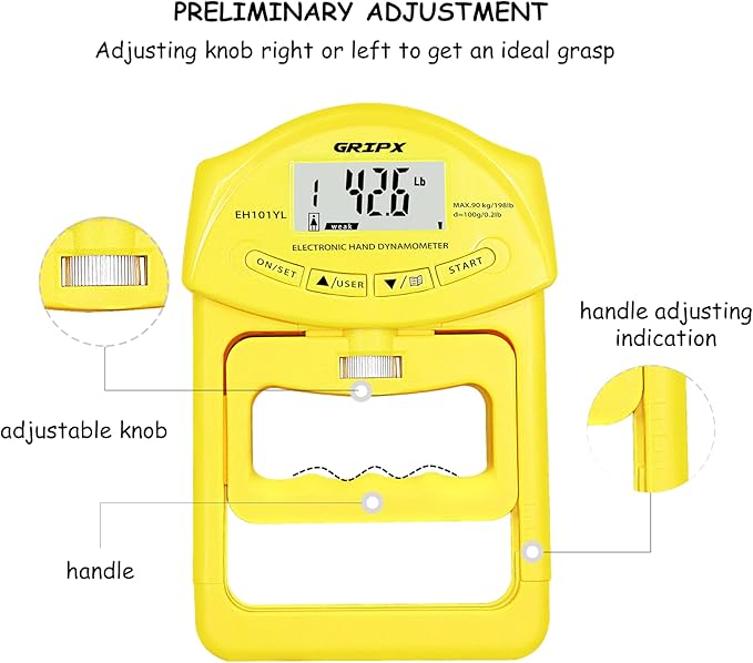 GRIPX Digital Hand Dynamometer Grip Strength Measurement Meter Auto Capturing Electronic Hand Grip Power 198Lbs / 90Kgs