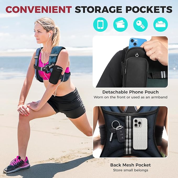 BAGAIL Weighted Vest, 5lbs/8lbs/10lbs/12lbs/15lbs/20lbs/25lbs/30lbs Weight Vest with Detachable Phone Pouch, Rucking Vest for Women, Men, Walking, Weight Loss, Training, Running