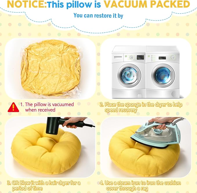 Fumete 8 Pcs 16 Inch Round Floor Cushions for Kids and Toddlers, Flexible Seating Classroom Furniture Floor Pillow for Home, Daycare, Preschool, Yoga and Meditation (Yellow)