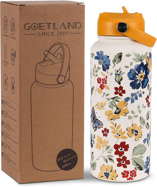 Goetland Flowers Water Bottle Beverage Bottle with Straw Lid 32 oz Stainless Steel Wide Mouth Vacuum Insulated Cute UV Printing Leak Proof For Women Girls Kids Bright Yellow