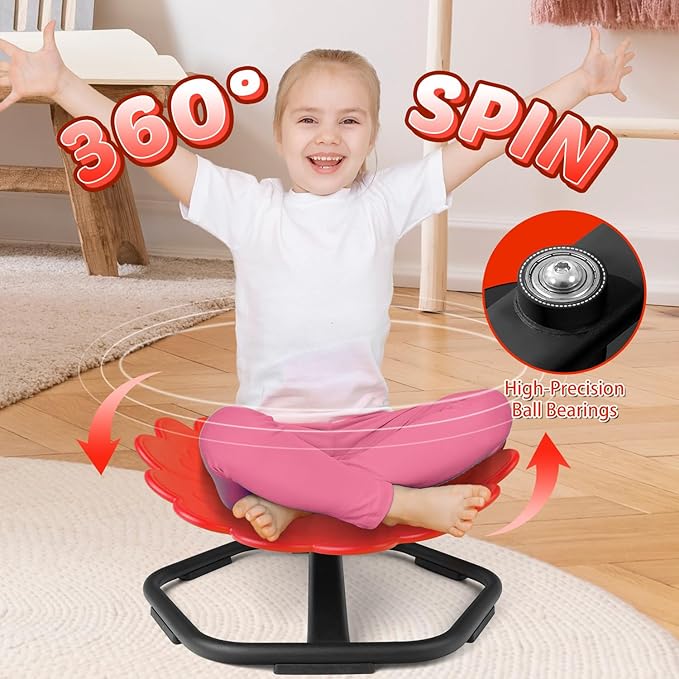 Flower Swivel Chair for Kids, 360° Spinning Seat, Autism Sensory Spin Chair, Toddler Sit and Spin Wobble Seat, ADHD Toy Chairs, Play Equipment Relief Motion Sickness for Boys Girls (Red)