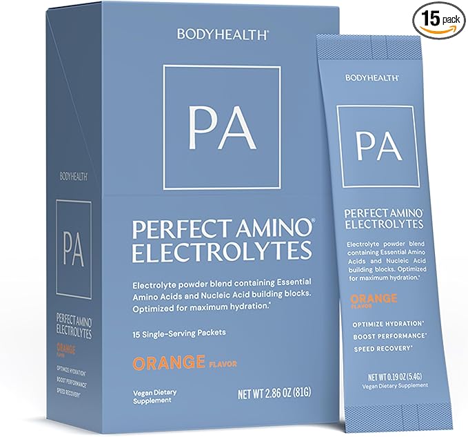 BodyHealth PerfectAmino Electrolyte Drink Mix – Orange – No Sugar, Keto & Fasting Friendly, Hydration with Trace Minerals – Stick Packs