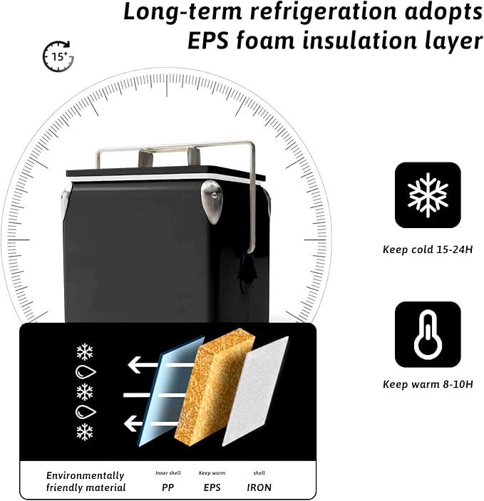 Retro Ice Chest Cooler with Bottle Opener 13L (14Qt), Stainless Steel Vintage Style Ice Bucket for Camping, Party, Beach, Picnic, RV, BBQ, Tailgating, Fishing