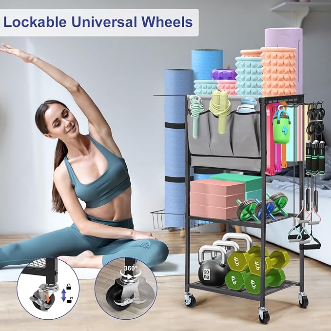 NANANARDOSO Home Gym Storage Rack, Yoga Mat Storage and Gym Organizer Rack for Home Exercise, Gym Portable and Movable Equipment Rack for Yoga Mats, Foam Rollers, Dumbbells, Resistance, Black