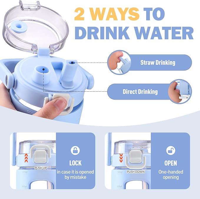 BLUEGO 32oz Glass Water Bottles with Straw Time Marker Half Gallon Large Motivational Water Bottle with Silicone Sleeve 2 Liter Large Glass Water Jug for Gym, Sports& Workout, Daily, Light Blue