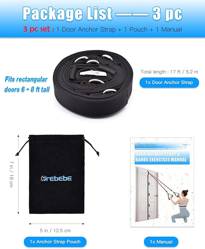 Brebebe Door Anchor Strap for Resistance Bands Exercises, Multi Point Anchor Gym Attachment for Home Fitness, Portable Door Band Resistance Workout Equipment, Easy to Install, Punch-Free, Nail-Free