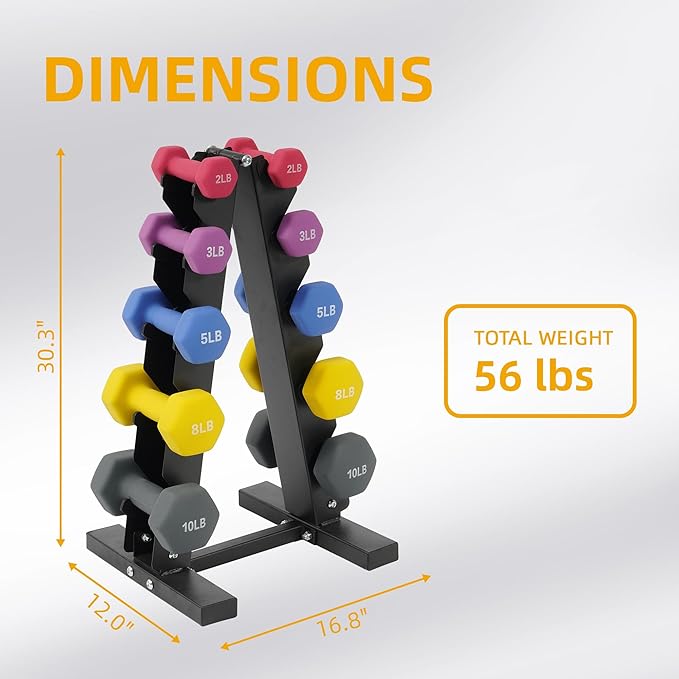 Colored Neoprene Dumbbell Set with Rack, Multiple Weight Options, 20LBS, 32LBS, 50LBS and 56LBS Sets