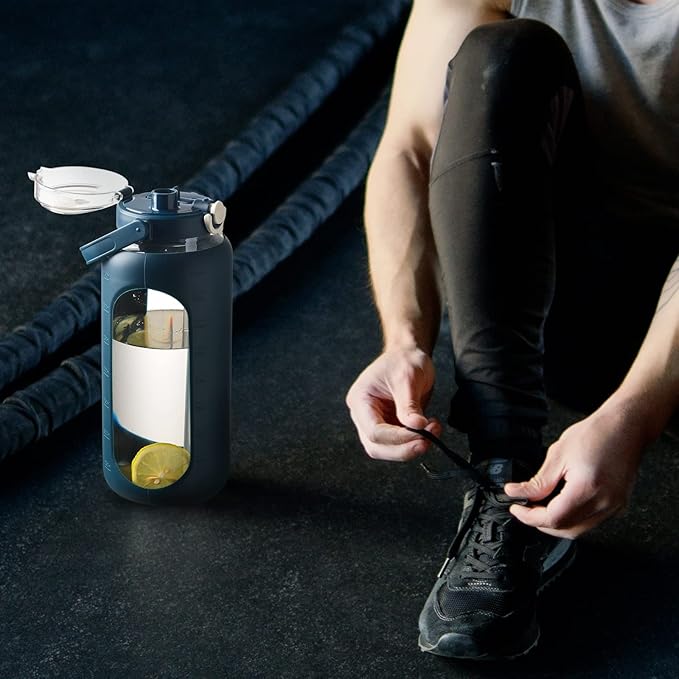 BLUEGO 64oz Glass Water Bottles with Straw Time Marker Half Gallon Large Motivational Water Bottle with Silicone Sleeve 2 Liter Large Glass Water Jug for Gym, Sports& Workout, Daily, Dark Blue