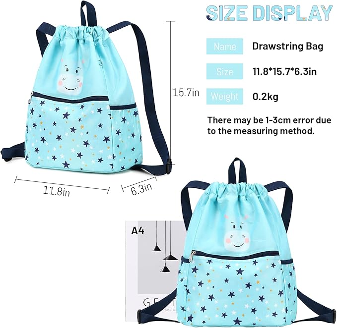Drawstring Backpack Gym Backpack Sports Bag for Swim Women Men Workout Bag Draw String Back Sack for Soccer Beach Gear Letters Hippo Water Blue