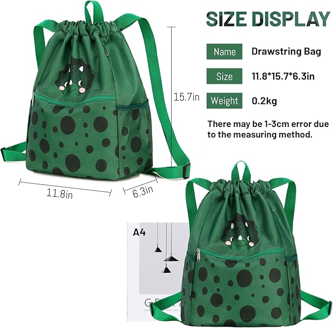 Dinosaur Drawstring Backpack Bulk for Kids Girls Boys Gym Dance String Bags Water Resistant Lightweight Triceratops Green