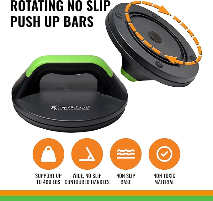 SmarterLife Push-Up Bar for Men & Women - Push-Up Handles for Floor to Prevent Elbow & Wrist Strain, Wide Grips with Non-Slip Rubber Pads for Comfort - Two Push-Up Bars & Workout Guide Included