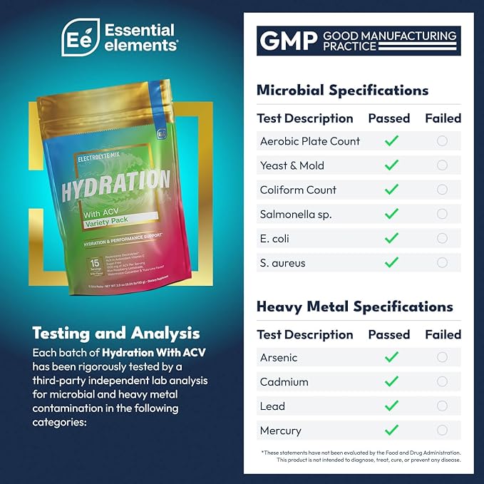 Essential Elements Hydration Packets - Variety Pack - Sugar Free Electrolytes Powder Packets - 15 Stick Packs of Electrolytes Powder No Sugar - Hydration Drink - with ACV & Vitamin C