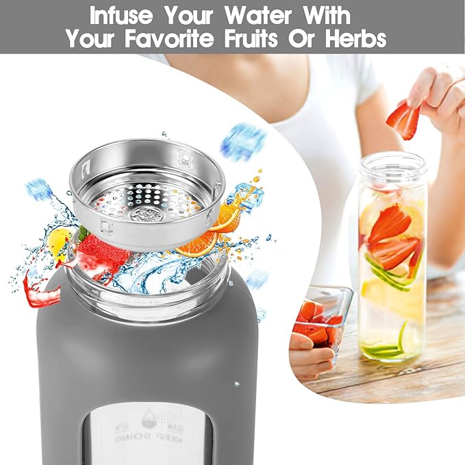 32 oz Glass Water Bottle with Straw - Motivational Time Marker & Silicone Sleeve - Reusable Tumbler Includes 2 Bamboo Lids & Fruit Infuser - 1 Pack