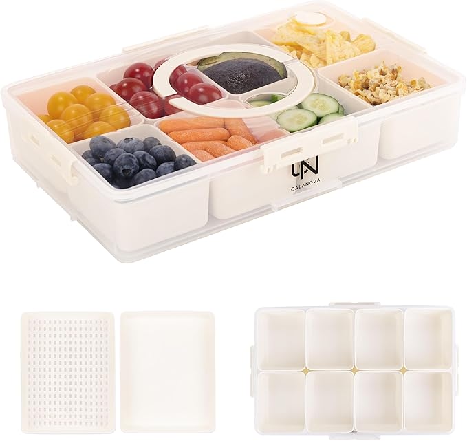 Snackle Box Container - 10 Compartments Including 2 XL, Dishwasher & Microwave Safe, Divided Serving Tray with Lid and Handle, BPA-Free, snack box (1 PCS, White, 1 Box with 2 XL Compartments)