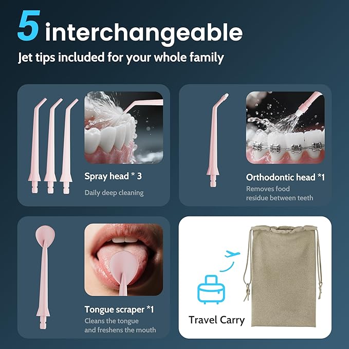 Water Flossers for Teeth, Electric Floss for Adults, Water Dental Picks for Teeth Cleaning and Flossing, Portable Flossers for Travel Size, Travel Bag and 4 Tips, IPX7 Waterproof - Black