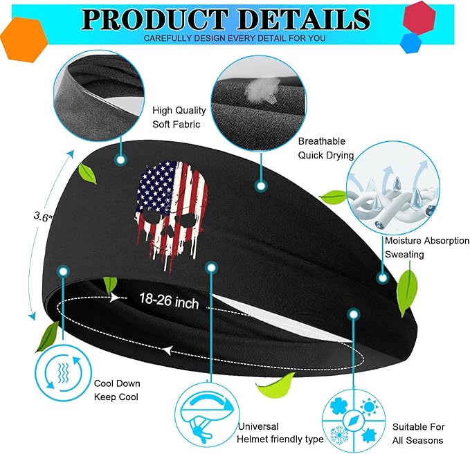 Headbands for Men 3 Pack Sport Sweat Bands Headbands Men Skull Finger Workout Sweatbands for Mens Women Head Bands Cooling Running Men's Hairband Headband