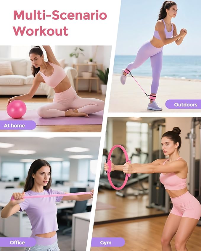 Pilates Essentials Kit for Women, 14-Inch Magic Circle Home Pilates Equipment with Pilates Ring and Ball Set, 5 Resistance Bands & Accessories for Home Workouts Beginners Essentials Starter Set