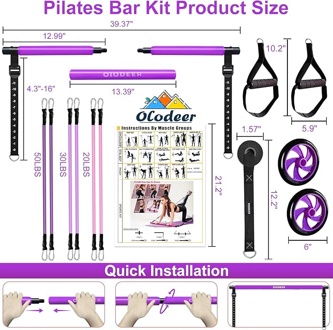 Pilates Bar Kit with Resistance Bands for Working Out, Pilates Equipment with Ab Roller for All Fitness Levels, Portable Home Gym Full Body Workout Equipment for Women&Men