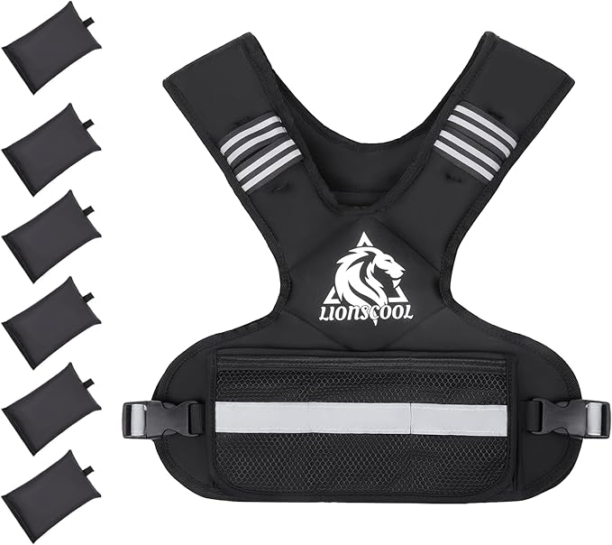 LIONSCOOL Weighted Vest for Men and Women, 4-10LB/11-20LB/20-32LB Adjustable Body Weight Vest with 6 Ironsand Weights & Reflective Stripes for Weight loss, Walking, Running, Cardio and Strength Training