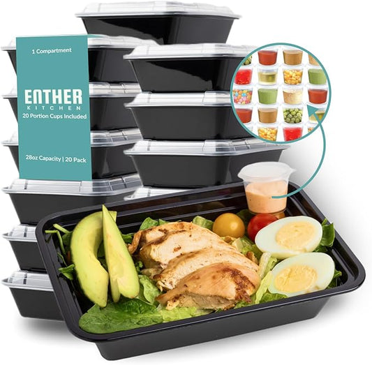 Enther [20 Pack] Single 1 Compartment Meal Prep Containers with Lids, Food Storage Bento Box with Portion Cups, BPA Free, Reusable Lunch Box, Microwave/Dishwasher/Freezer Safe, Portion Control, 28oz