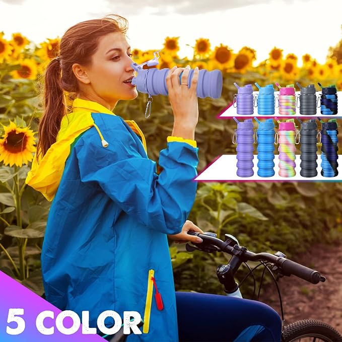 CHENGU 5 Pcs Collapsible Water Bottles 16 oz Portable Foldable Water Bottles Silicone Leak Proof Travel Water Bottle Reusable Sports Water Bottle with Metal Clip for Camping Hiking Travel (Colorful)