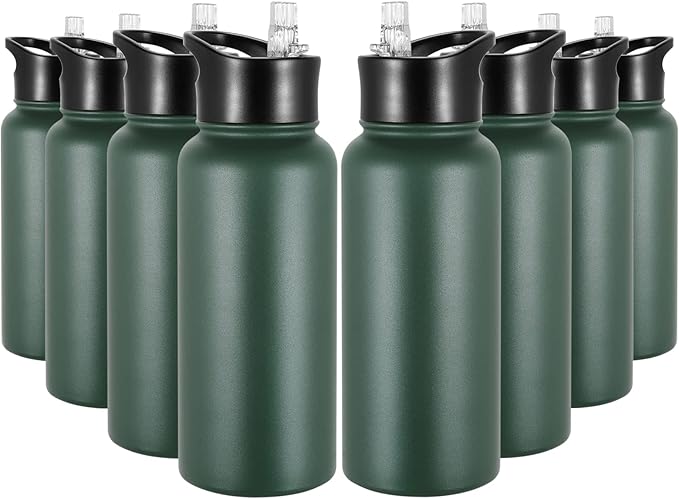 32 oz Insulated Water Bottle Bulk 8 Pack, Stainless Steel Sports Water Bottles with Straw Lid & Wide Mouth Lids, Double Walled Vacuum, Leak Proof, Dark Green