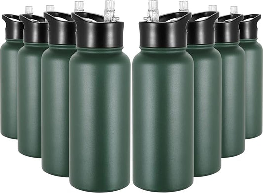32 oz Insulated Water Bottle Bulk 8 Pack, Stainless Steel Sports Water Bottles with Straw Lid & Wide Mouth Lids, Double Walled Vacuum, Leak Proof, Dark Green