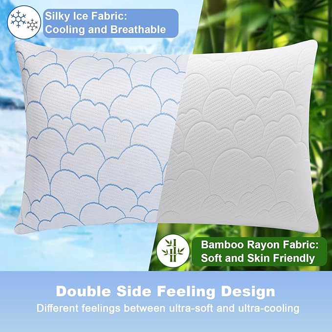 Cooling Pillows Queen Size Set of 2, Shredded Memory Foam Pillows for Sleeping 2 Pack, Soft Breathable Bamboo Cool Cold Bed Pillow Adjustable Firm Gel Pillow for Hot Side Back Stomach Sleepers ﻿