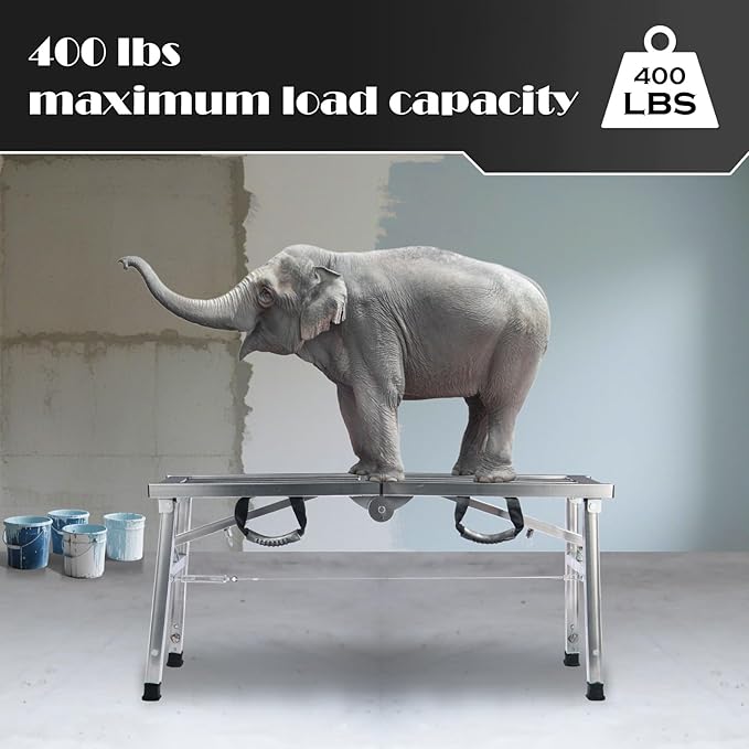 Folding Work Platform 39"(L) x12(W) Height Adjustment 19-27"(H) Portable Steel Step Ladder Stool for Home, Office, Workshop and Garage, Maximum Load 400lbs