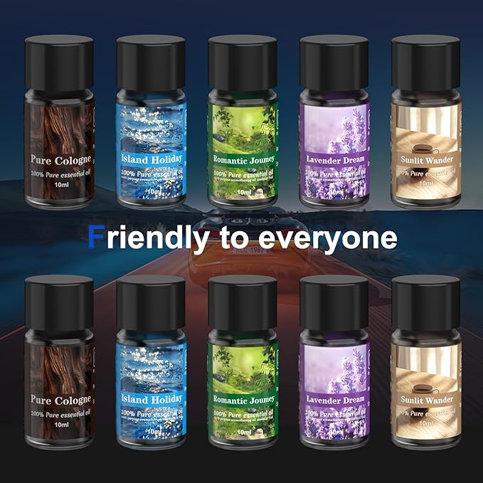 Car Air Freshener, Smart Car Air Freshener, Diffuser Suitable for Vent Clips, Auto On/Off, Three Adjustable Modes, 5 Scents, 10 Refill Bottles (2Pack)