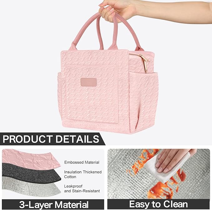 Joymee Lunch Bag Women Insulated Lunch Box Reusable Leakproof Large Spacious Cooler Tote for Women Men Adult with Bottle Holder and Side Pockets for Work Office Travel Picnic - B-Pink